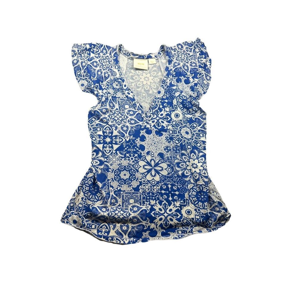Anthropologie Maeve Catie Ruffle Sleeve Tee Blue Medallion Motif Women's‎ Small